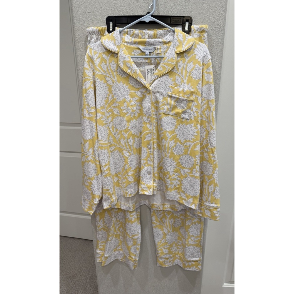 NWT Legends Hotel Printed Peruvian Cotton Women's ButtonDown Pajama Set Yellow L